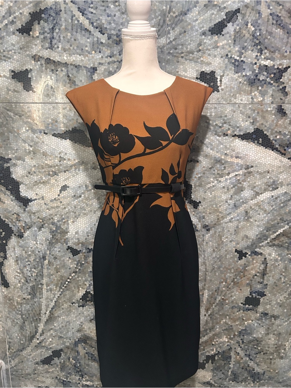 Sleeveless Black & Rust Floral Sheath Dress with Belt